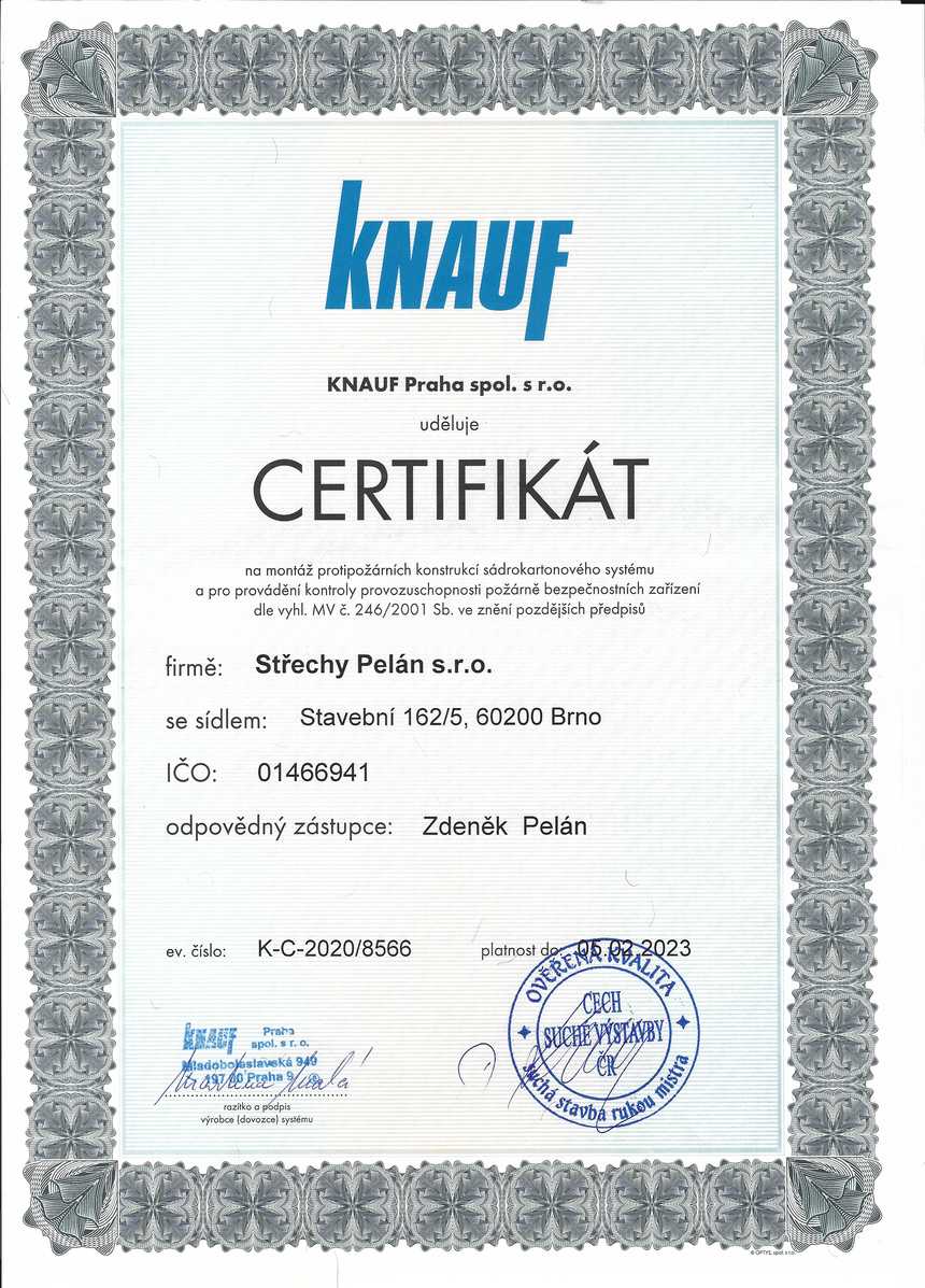 Střechy Pelán Brno - Certifikace